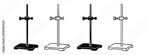 Adjustable laboratory retort stand with clamp icons set, black and white, hand-drawn style