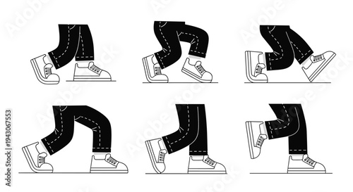 Sequential animation frames showing a pair of legs in black jeans and white sneakers walking in a smooth step-by-step motion progression.