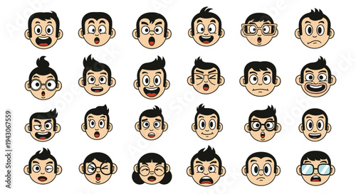 Diverse collection of cartoon male character headshots featuring many different facial expressions and styles for social media avatars and design.