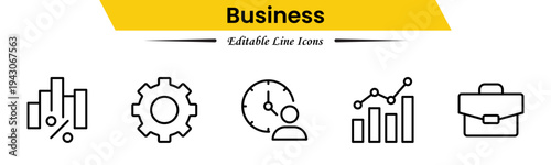 Business icons depicting strategy, management, teamwork, meetings, planning, charts, reports, growth, goals, productivity, leadership, collaboration, finance, and organization.
