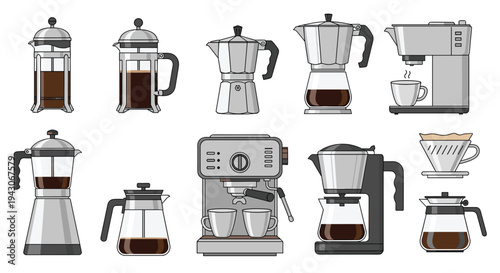 Set of various coffee makers and brewers including espresso machines, moka pots, french presses, and pour over drippers in pixel art style.