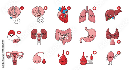 Array of internal human organs depicted with cute cartoon faces and expressions, accompanied by red cross medical symbols in a grid.