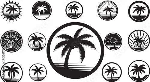 Black and white palm tree icons in various circular designs