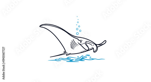 Minimalist line drawing of a manta ray swimming through water with blue bubbles and waves on a clean white background in a vector style.