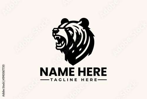Black vector illustration of a roaring bear logo with placeholder text on a beige background, featuring an icon and pictogram design.
