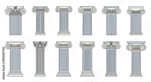 Collection of twelve classical architectural columns with ornate capitals in various traditional styles like Ionic and Corinthian.