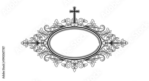 Elegant oval frame decorated with intricate black and white floral ornaments and topped with a traditional religious cross symbol.