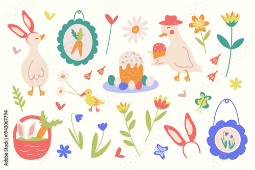 Set of Easter elements with a cute rabbit, a duck, an Easter cake, colorful eggs, blooming flowers. Elements of festive spring decor. Hand-drawn vector illustration of spring animals