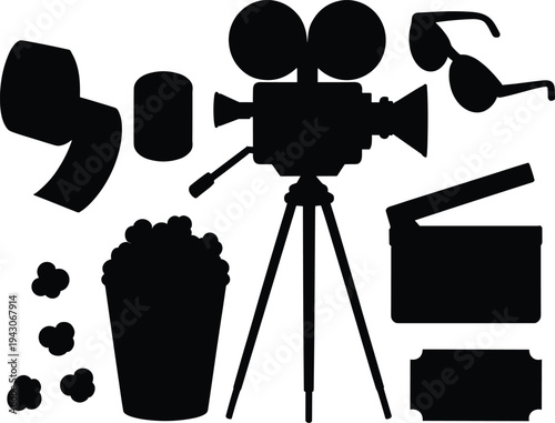 Black silhouettes of cinema production equipment including movie camera, film reel, popcorn and clapperboard for design