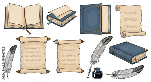 Collection of vintage writing materials including old open books, scrolls of parchment, quills, and an inkwell on a white background.