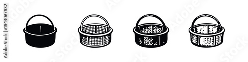 Round Metal Basket Icons Set for Kitchenware and Utility Storage