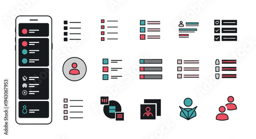 Comprehensive set of user interface icons for mobile applications featuring avatars, list items, and various essential menu elements.