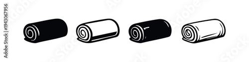 Rolled object icons, set of four black and white outline and solid fill vector illustrations of various styles.