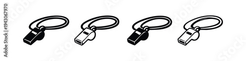 Whistle icon set with loop, referee or coach signal tools in black and white outline and solid vector designs.
