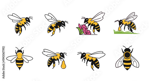 Series of eight honey bees in different poses including flying, collecting nectar from flowers, and carrying heavy honey drops.