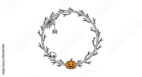 Halloween-themed wreath made of dry branches decorated with a spider web, a small spider, a skull, and a carved orange pumpkin.