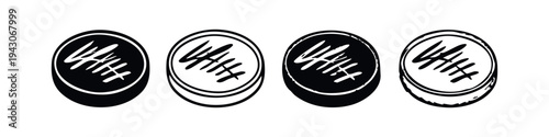 Abstract scratched circle icons, textured round shapes in black and white outline and solid vector art.