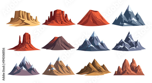 Twelve different mountain types including snowy peaks, red rock mesas, and volcanoes, each with a unique shape, texture, and color.