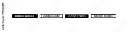 Wide Network Patch Panel Icons Set. Data Communication Rack Unit Vector. Server Connection Module.