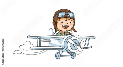 Happy little boy wearing an aviator helmet and goggles, flying a classic white biplane through a clear sky with soft stylized clouds.