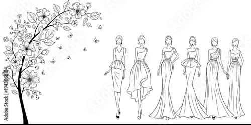 Black, line, art, illustration, of, fashion, models, in, elegant, evening, dresses, walking, near, blooming, floral, tree, for, bridal, and, style.