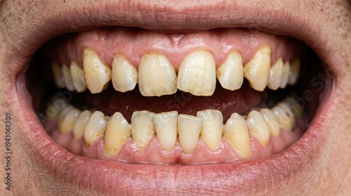 Person showing stained crooked teeth and inflamed gums