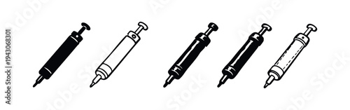Handheld Grease Gun or Caulk Applicator Icon Set. Mechanical Tool Outline and Glyph Vector Illustration.