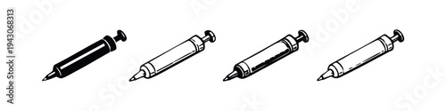 Syringe Style Applicator Tool Icon Set. Industrial or Craft Dispenser Outline and Glyph Vector Illustration.
