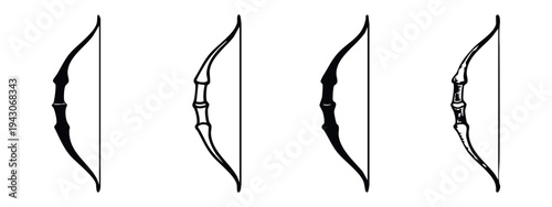 Archery Bow Weapon Icons Set, Traditional Hunting Bow Vector Symbols, Sports Equipment Pictograms