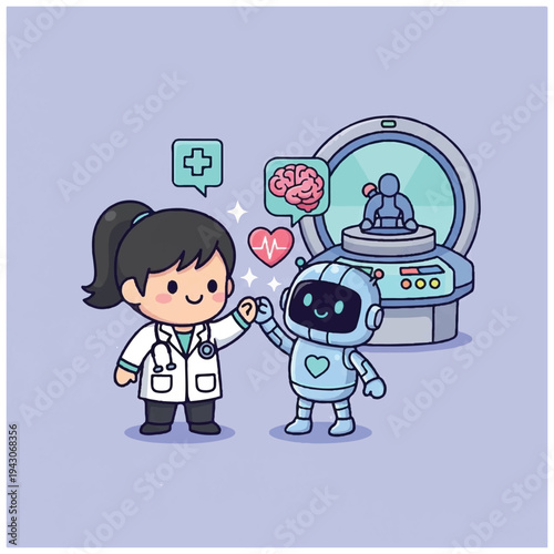 Female Doctor and Robot Assistant Standing Together.