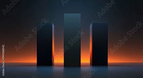 Three dark geometric pillars illuminated by a fiery orange glow from behind