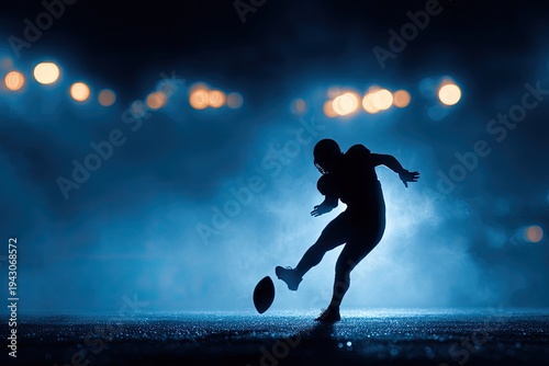 Silhouette of athlete kicking football on atmospheric, smoky field under lights