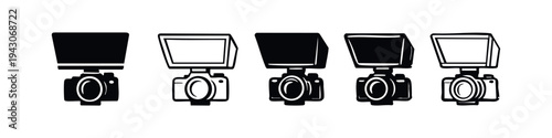 Camera with external flash icons set. Photography equipment for professional lighting and creative photo shoots.