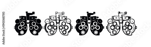 Phoropter Eye Examination Instrument Icons Set, Optometry Vision Test Equipment in Doodle Style