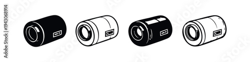 Camera lens icons in various styles for photography, optics, and technology concepts.