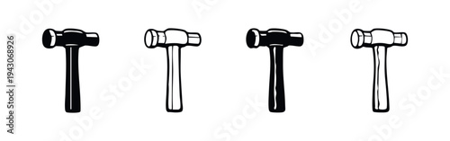 Ball-peen hammer tool icons in various styles for metalworking and construction design.