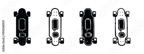 Electric Skateboard with Battery Pack Vector Icons Set - E-Board Transportation Symbols