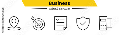 Business icons depicting strategy, management, teamwork, meetings, planning, charts, reports, growth, goals, productivity, leadership, collaboration, finance, and organization.
