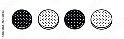 Collection of black and white cookie icons, styled like sandwich biscuits with dotted texture, viewed from above.