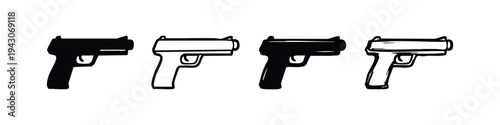 Collection of black and white handgun icons, representing pistols or firearms in solid and outline vector styles.