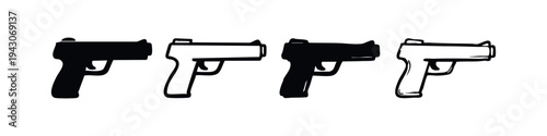 Set of black and white pistol icons, stylized firearms in solid and outline vector drawing styles.