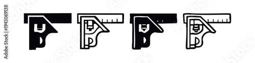 Set of black and white combination square icons, representing precision measuring and layout tools for various crafts.