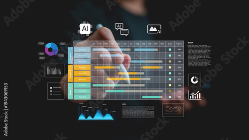 Businessman analyzing project management dashboard with timeline planning, data analytic chart, workflow tracking. Concept artificial intelligence, business analytics and digital project management.