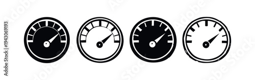 Simple speedometer and gauge icon set in black and white. Speed and performance indicator vector illustration.