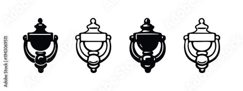 Door Knocker Icons Set. Vintage Entryway Hardware Vector Symbols. Home Entrance Black and White Illustration.