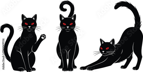 Black cat silhouettes set with red eyes, sitting, waving paw and stretching poses, mysterious feline characters for Halloween decor and animal design