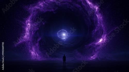 Figure standing, gazing with trepidation and curiosity powerful, swirling violet energy portal. An immense purple vortex cosmic space beckons with mysterious power, evoking wonder and vast unknown