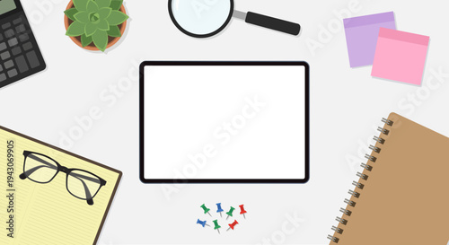Top view vector flat design of workspace with central blank iPad mockup screen.