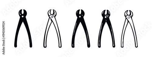 Pincer Pliers or Nipper Hand Tool Vector Icons Set, Solid and Outline Styles