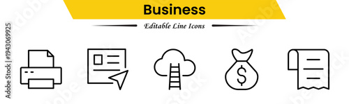 Business icons depicting strategy, management, teamwork, meetings, planning, charts, reports, growth, goals, productivity, leadership, collaboration, finance, and organization.
